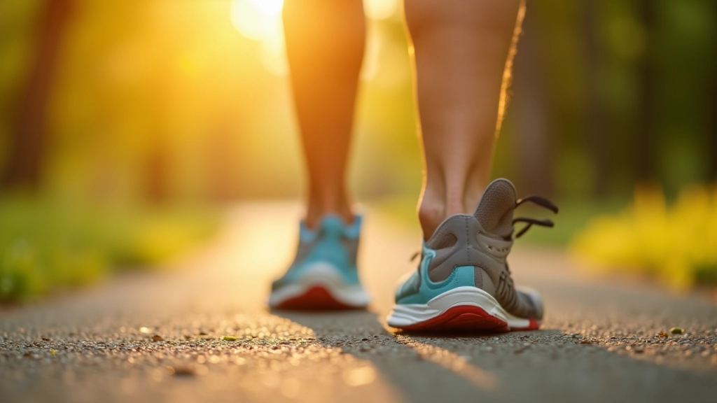 Close-up of athletic shoes on a paved path with morning sunlight casting shadows, focused on proper walking posture