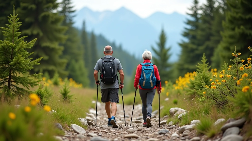 Trail hikers climbing rocky path through forest with mountain view ahead