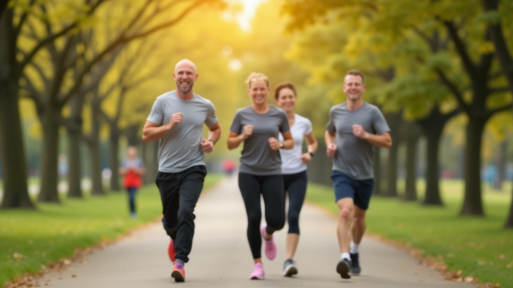 Group of active adults jogging together on a sunny park trail with trees in background