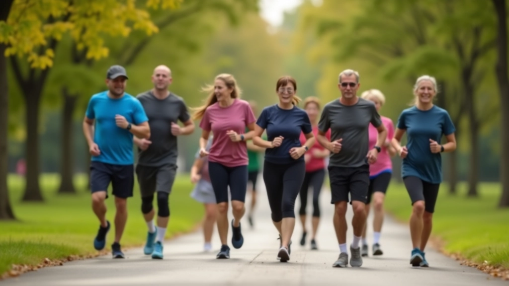 Diverse group of people power walking on a suburban trail during daytime