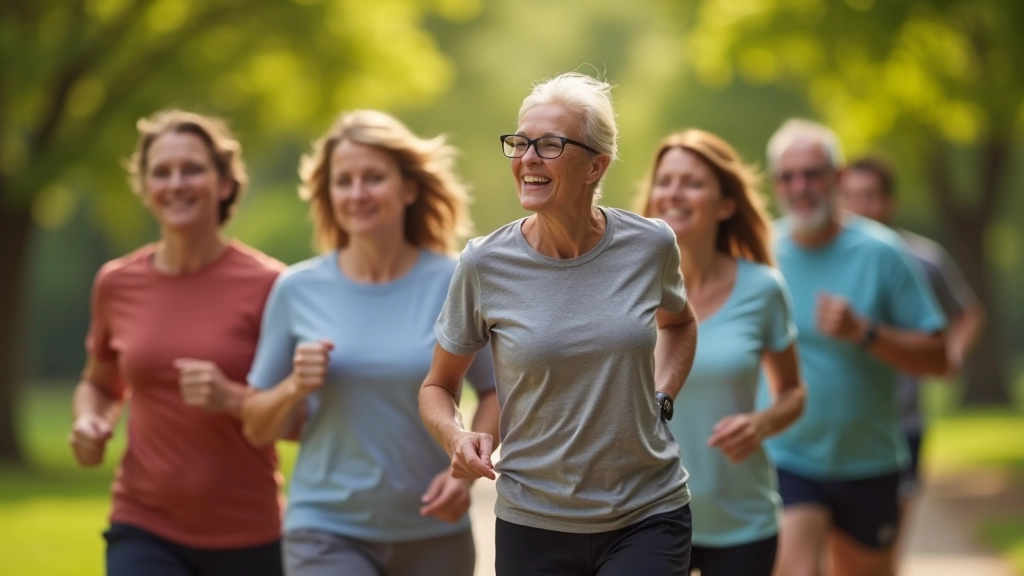 Diverse group of power walkers smiling and laughing in a park setting