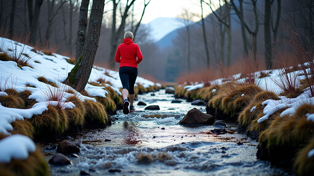 Early spring mountain trail with patches of melting snow and rushing water stream