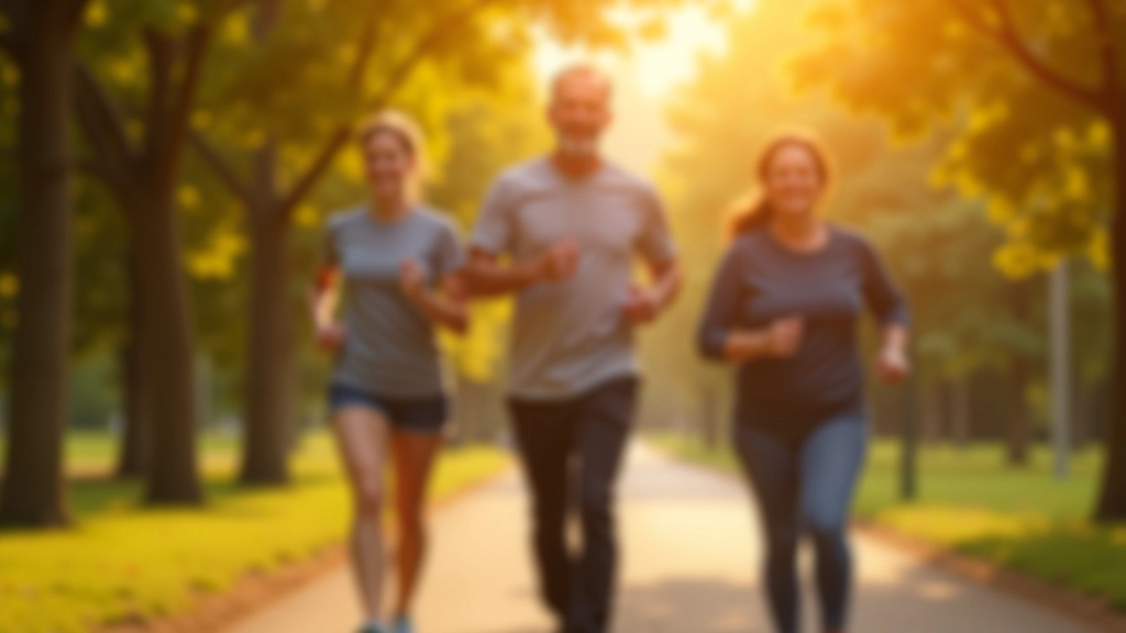 Group of mature adults walking together on a tree-lined park path during golden hour with warm sunlight filtering through leaves