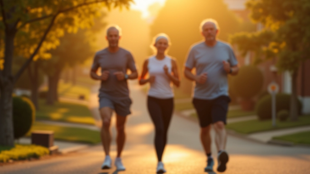 Power walking group of middle-aged adults on a suburban neighborhood street during golden hour