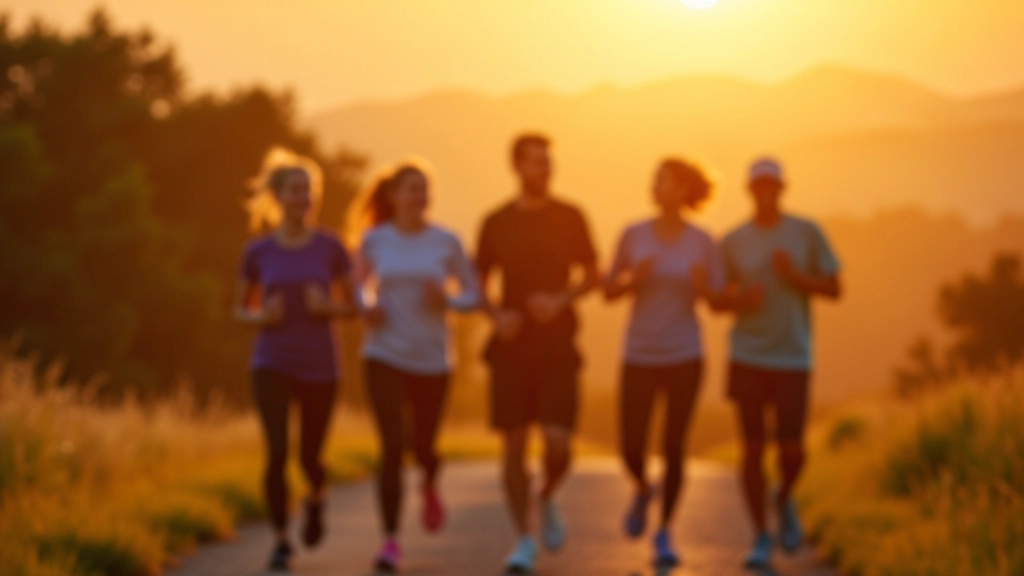 Diverse group of mature walkers jogging together in sunrise or sunset light on a park trail with natural landscape
