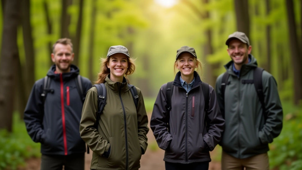 Group of mature adults gathered at forest trailhead on sunny spring morning