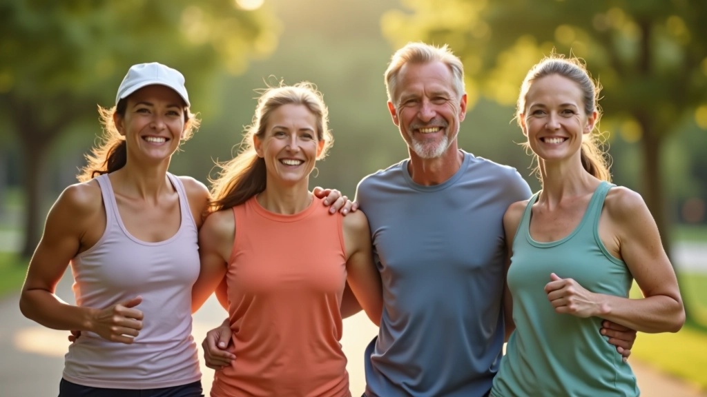 Friends celebrating together after finishing a group run, high-fiving and smiling in park setting, showing joy and camaraderie from shared athletic achievement