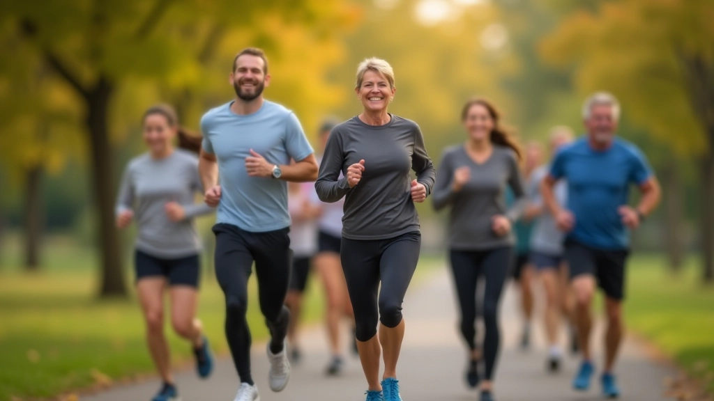 Group of diverse adult runners aged 40-60 jogging together on park path during morning, showing camaraderie and community fitness