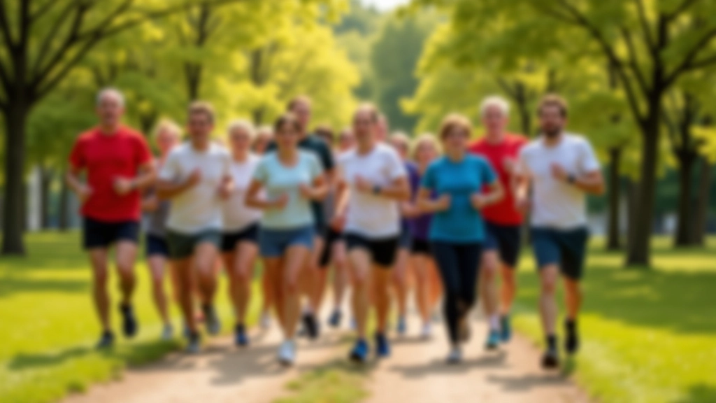 Group of active adults running together on a sunny trail in a local park with trees in background