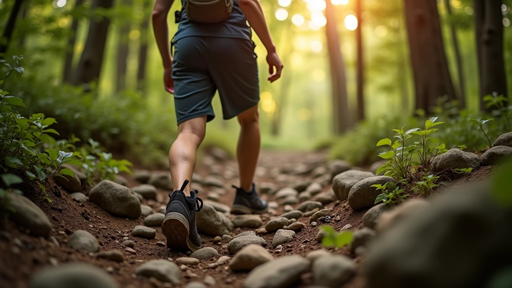 Hiker navigating rocky trail terrain with proper footwear and focus