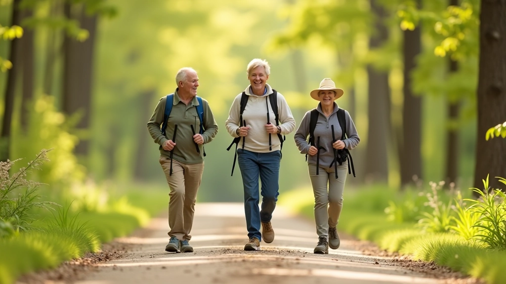 Casual hiking group walking on wide forest path with spring greenery