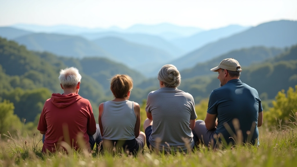 Happy hiking group taking break at scenic mountain overlook point