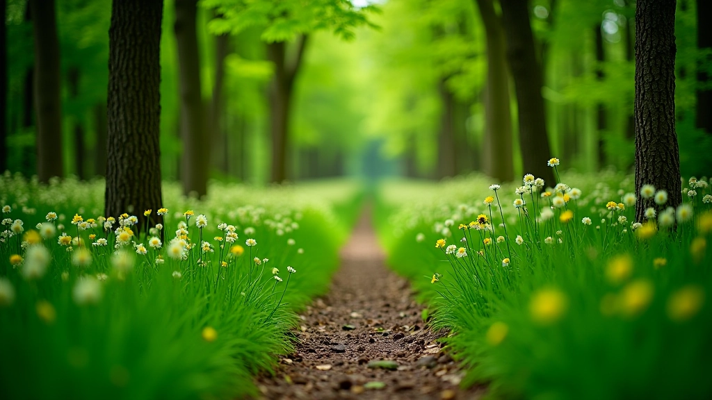 Late spring trail fully green with wildflowers blooming and clear conditions