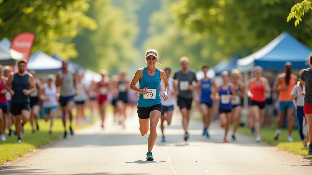 Outdoor fitness festival with runners participating in 5K charity run event, colorful atmosphere with participants and spectators celebrating active community