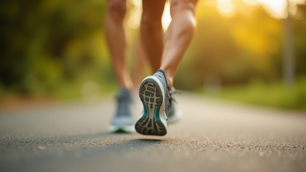 Close-up of running shoes on pavement with jogger's legs visible, outdoor morning setting
