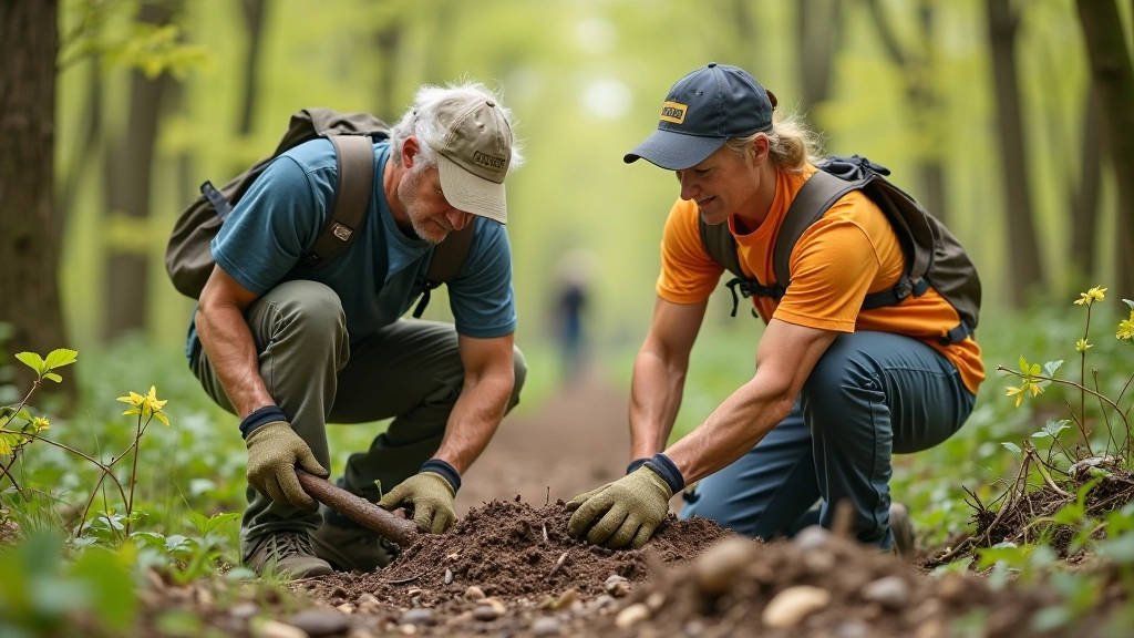 Trail volunteers working together clearing brush from forest path