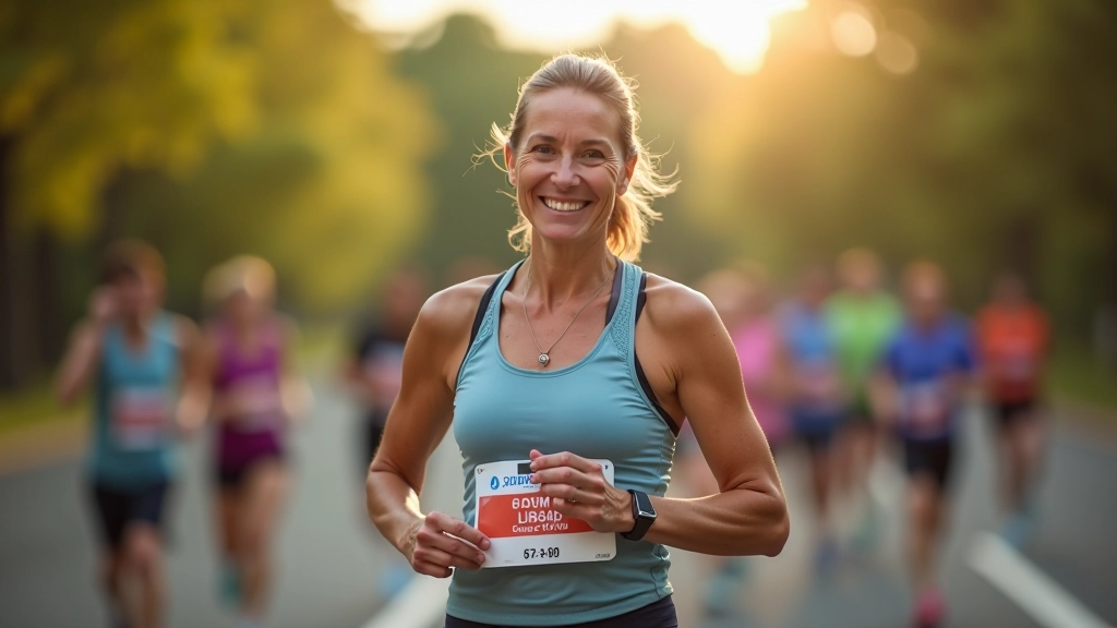 Runner aged 50 wearing athletic gear and charity race bib, standing at race starting line with other participants in background
